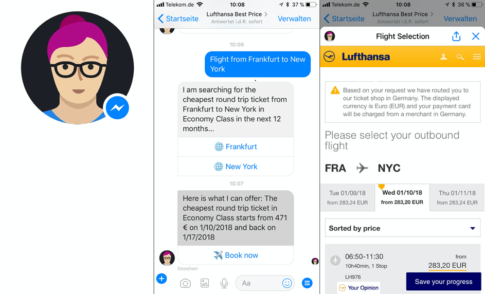 Mildred finds the best price for a Lufthansa flight in Facebook´s Messenger App